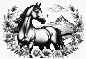 Wild horse, mountain background, feather, flowers, western tattoo idea