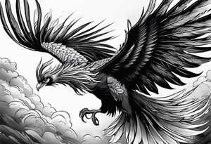 asian elegant long feathered phoenix
 in flight tattoo idea