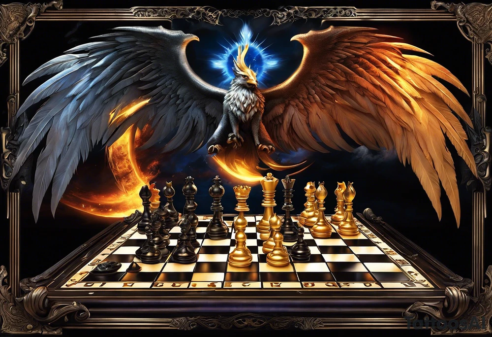Create a visually stunning chessboard with celestial and infernal themes on opposite sides. Use radiant symbols like halos, feathers, and angelic wings for the celestial side, and incorporate flames, tails, and demonic horns for the infernal side.

Chess Pieces: Design the chess pieces as intricate representations of angels and demons. The angelic pieces could be elegant and ethereal, while the demonic pieces might have a more menacing and fierce appearance.

Details: Add small details to each square on the chessboard, such as heavenly clouds on the angelic side and swirling flames on the demonic side. This intricate detailing enhances the overall visual appeal.

Interaction: Show the chess pieces in mid-motion, suggesting a dynamic and ongoing struggle between the forces. The interaction between the pieces can convey the intensity of the eternal game. tattoo idea