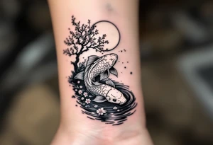 a lightning koi fish swimming upstream in a pond moonlight by the full moon with a sakura tree by the pond tattoo idea