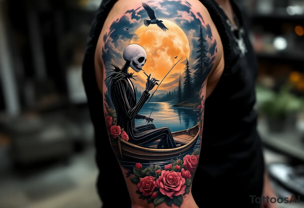 jack skellington smoking and fishing, on a boat of roses, cloudy sky, full moon, birds,pine trees, river tattoo idea