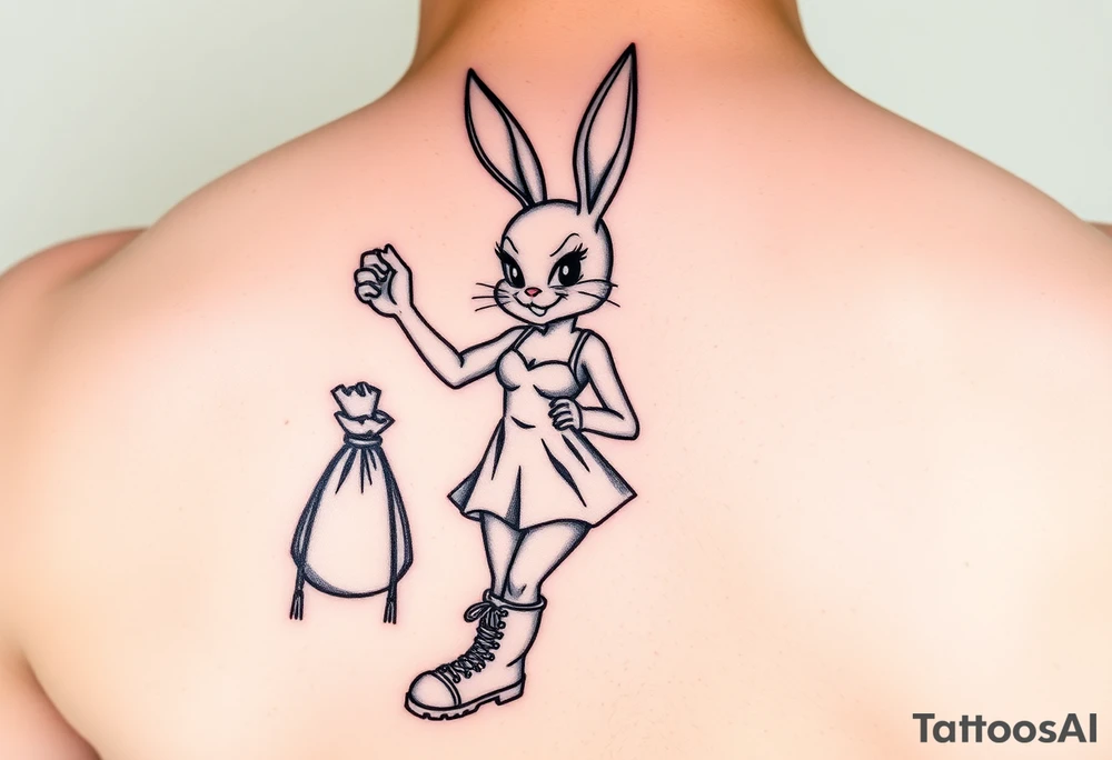 Lola bunny wearing a dress with combat boots and she has a smirk on her face while holding up a bag of money with one hand tattoo idea