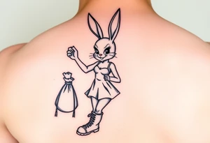 Lola bunny wearing a dress with combat boots and she has a smirk on her face while holding up a bag of money with one hand tattoo idea