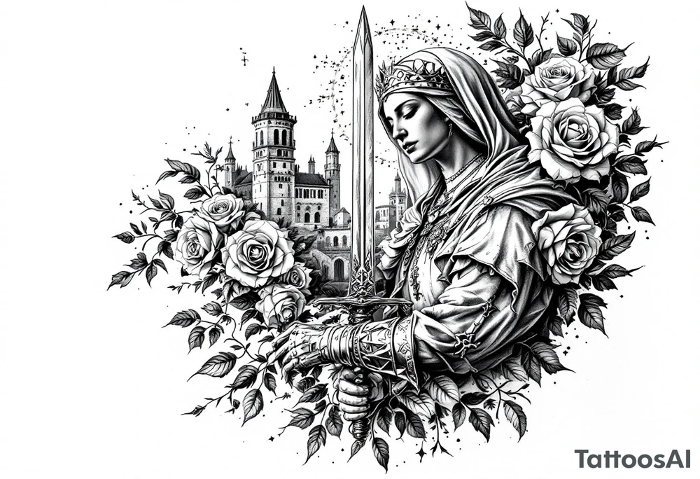 Saint Barbara holding sword with castle tower in the back and roses tattoo idea