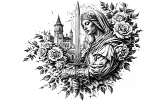 Saint Barbara holding sword with castle tower in the back and roses tattoo idea