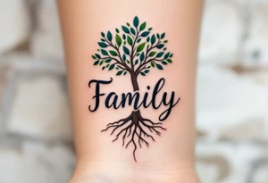 Family written in bold serif letters beneath a tree with green leaves and brown roots entwining into the text. tattoo idea