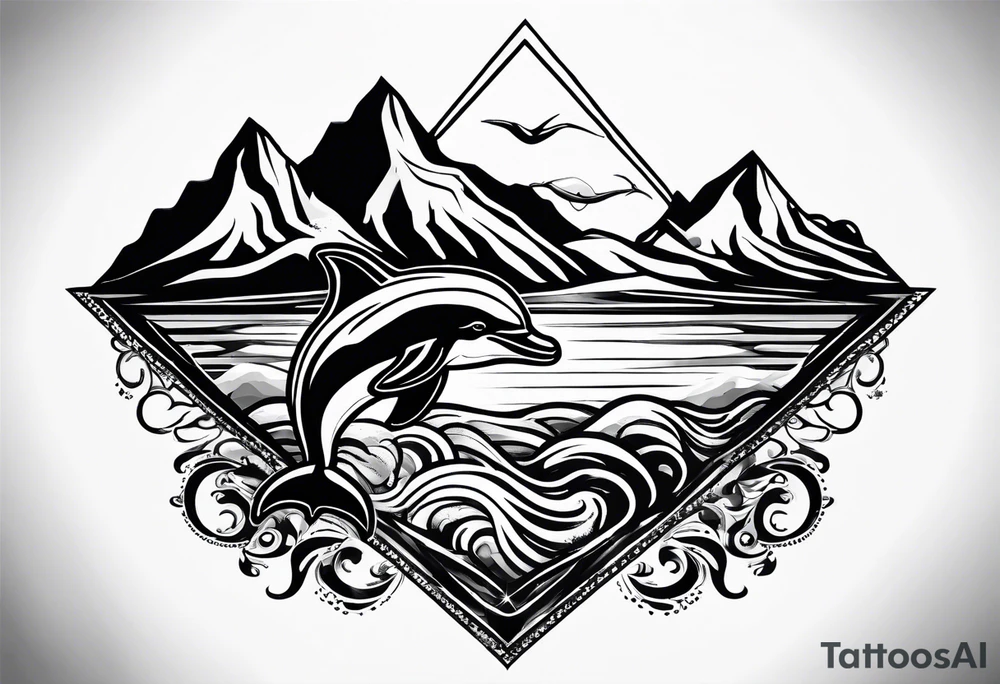 Mountains and dolphin in 
ocean 
crashing diamond shape tattoo idea