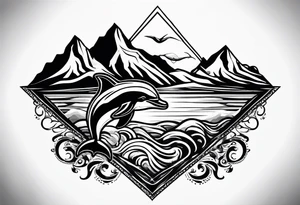 Mountains and dolphin in 
ocean 
crashing diamond shape tattoo idea