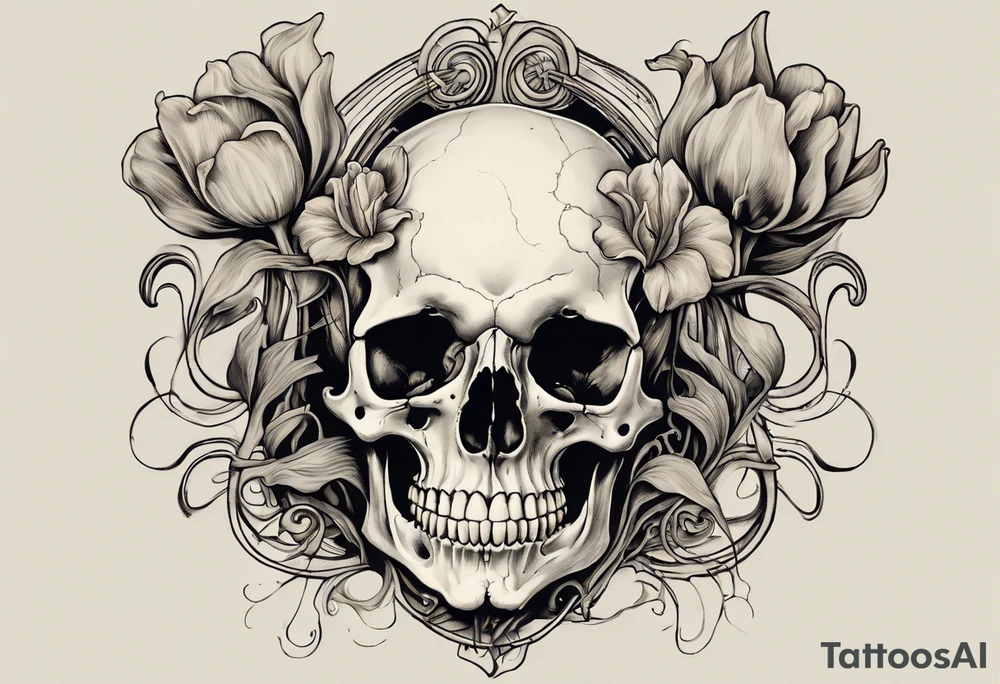 A profile view of a joyful female skull adorned with flowing, long hair, surrounded by symbolism representing the cycle of life and decay. Include a contrast between a fully decayed tulip, a pristine and vibrant tulip in full bloom, and a delicate tulip bud, all harmonizing with the eerie yet beautiful ambiance of the scene. tattoo idea