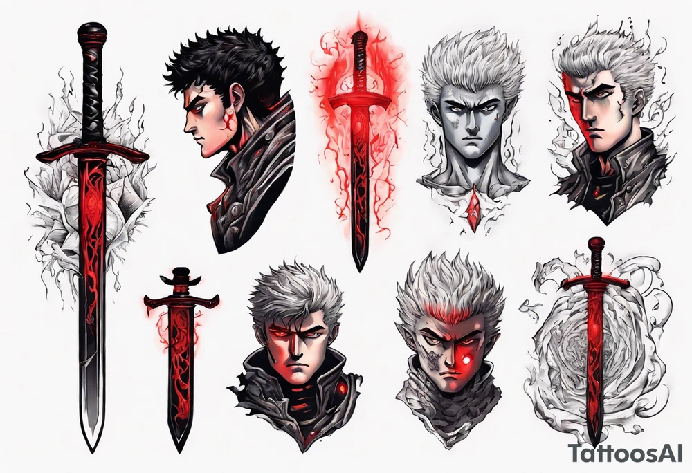 guts from berserk, griffith from berserk, busker sword, curse mark, red glowing elements, neotraditional style sleeve tattoo idea