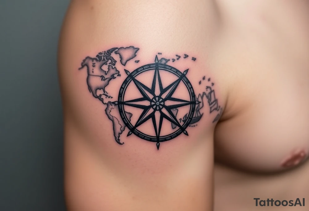 antique compass rose overlaid on weathered world map with sailing ships tattoo idea
