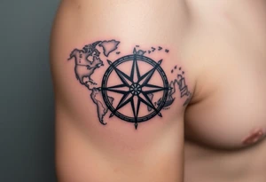 antique compass rose overlaid on weathered world map with sailing ships tattoo idea