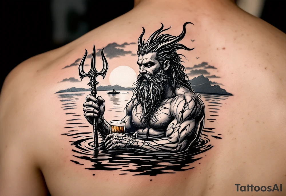 young, happy, fit poseidon in calm water, holding a trident, drinking a beer, with sunset, with ski boat tattoo idea