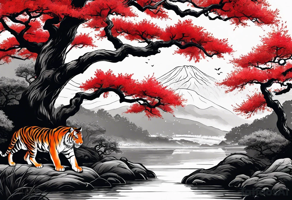Red japanese oak tree next to a river with a tiger sitting next to it as a sleeve tattoo idea