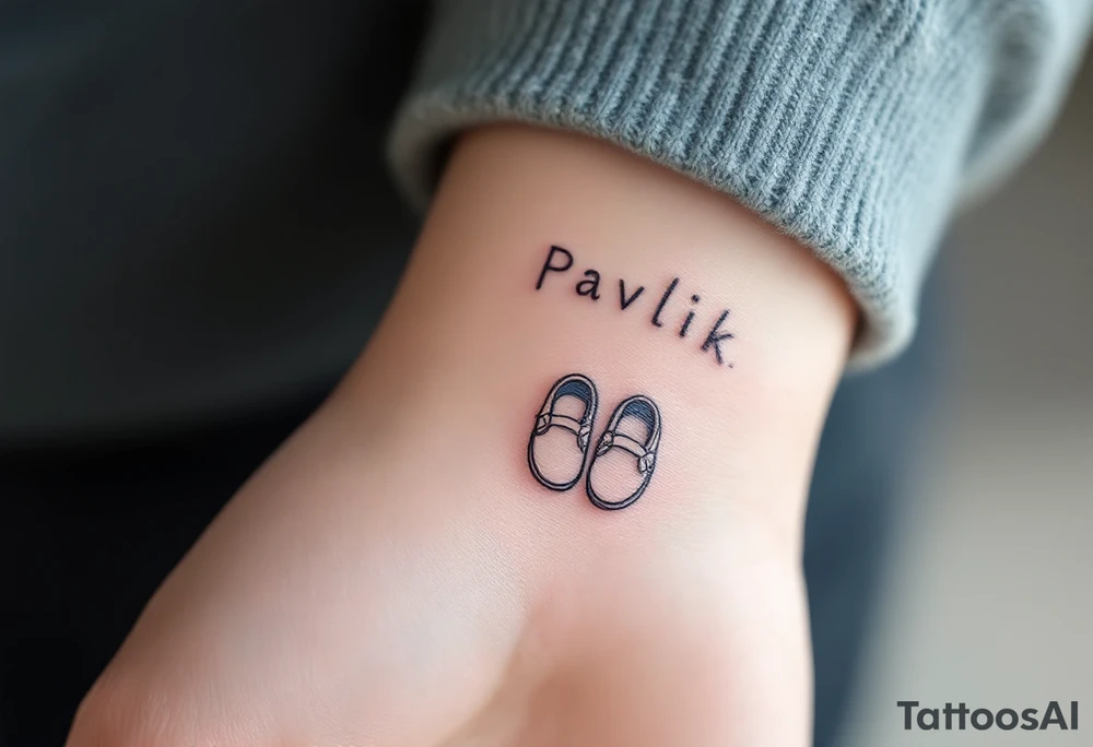 Pavlík written above a tiny pair of baby shoes in dusty blue. tattoo idea