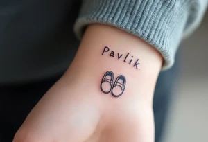 Pavlík written above a tiny pair of baby shoes in dusty blue. tattoo idea