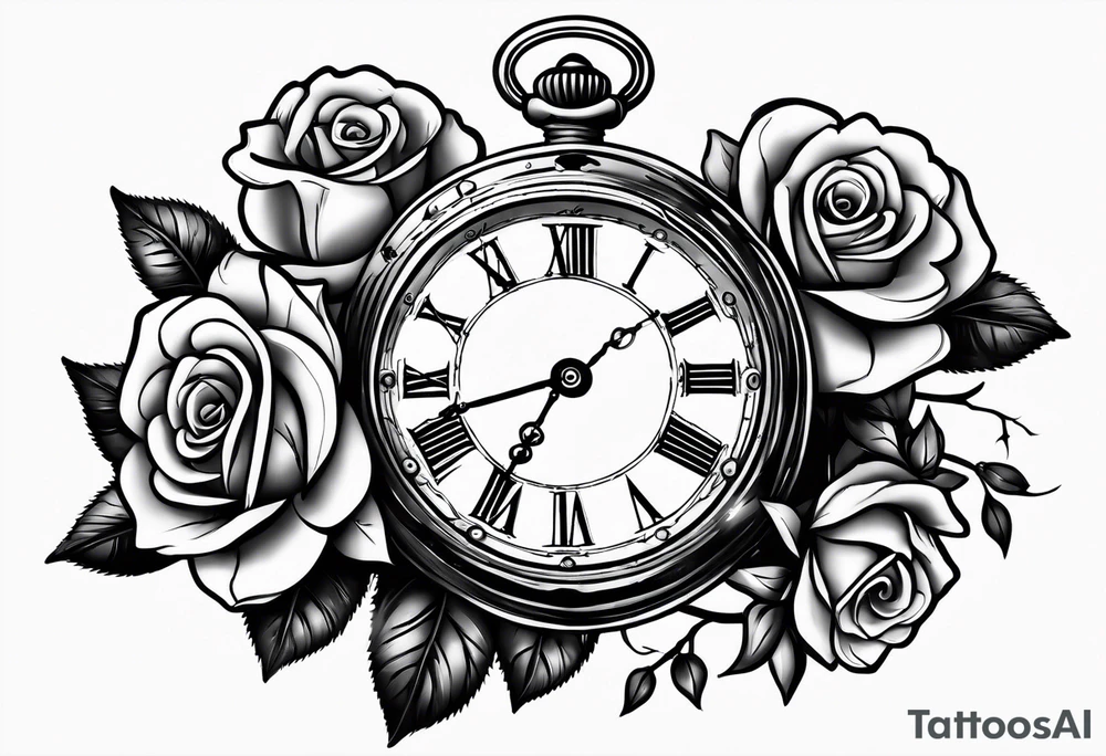 Pocket watch with chain and roses tattoo idea
