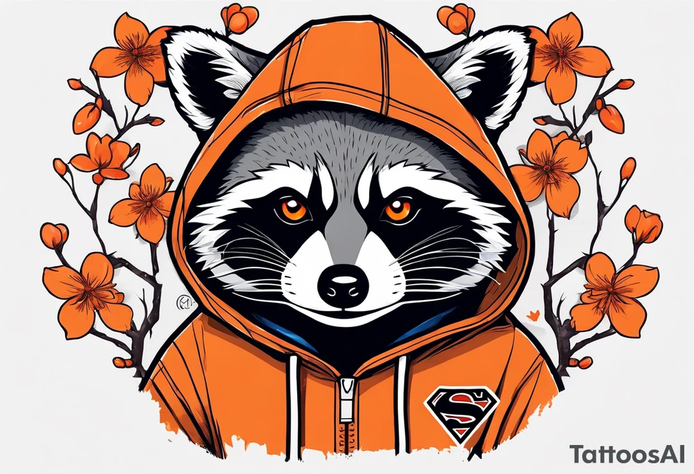 raccoon wearing a Superman hoodie with orange cherry blossoms tattoo idea