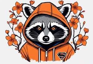 raccoon wearing a Superman hoodie with orange cherry blossoms tattoo idea