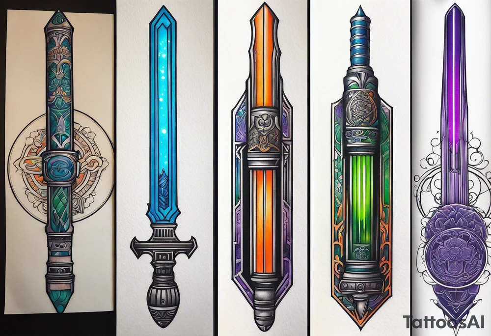 blue lightsaber, green lightsaber, orange lightsaber, purple lightsaber tattoo idea