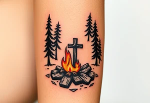 Campsite with a campfire with a cross tattoo idea