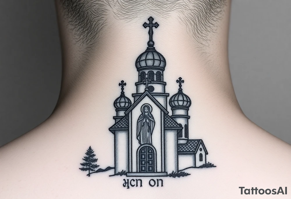 rusian orthodox domes church with a virgin mary in a russian rural village with Church Slavonic script or Cyrillic text — a prayer or meaningful phrase running along the sides tattoo idea