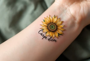"Carpe Diem" in hand-drawn lettering inside a sunflower in warm gold and green. tattoo idea