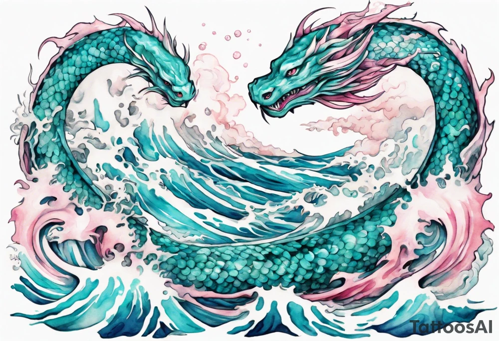 a beautiful turquoise and white and pink Jörmungandr rising from the blue waves of the ocean tattoo idea
