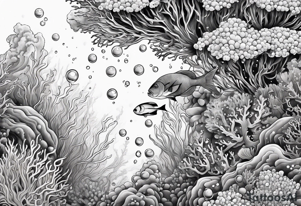 dark underwater coral reef with bubbles, flowing water lines tattoo idea