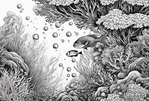 dark underwater coral reef with bubbles, flowing water lines tattoo idea