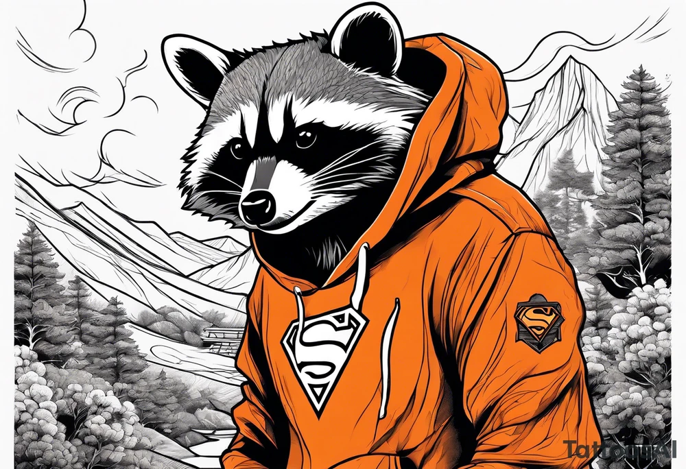Raccoon wearing an orange Superman hoodie tattoo idea