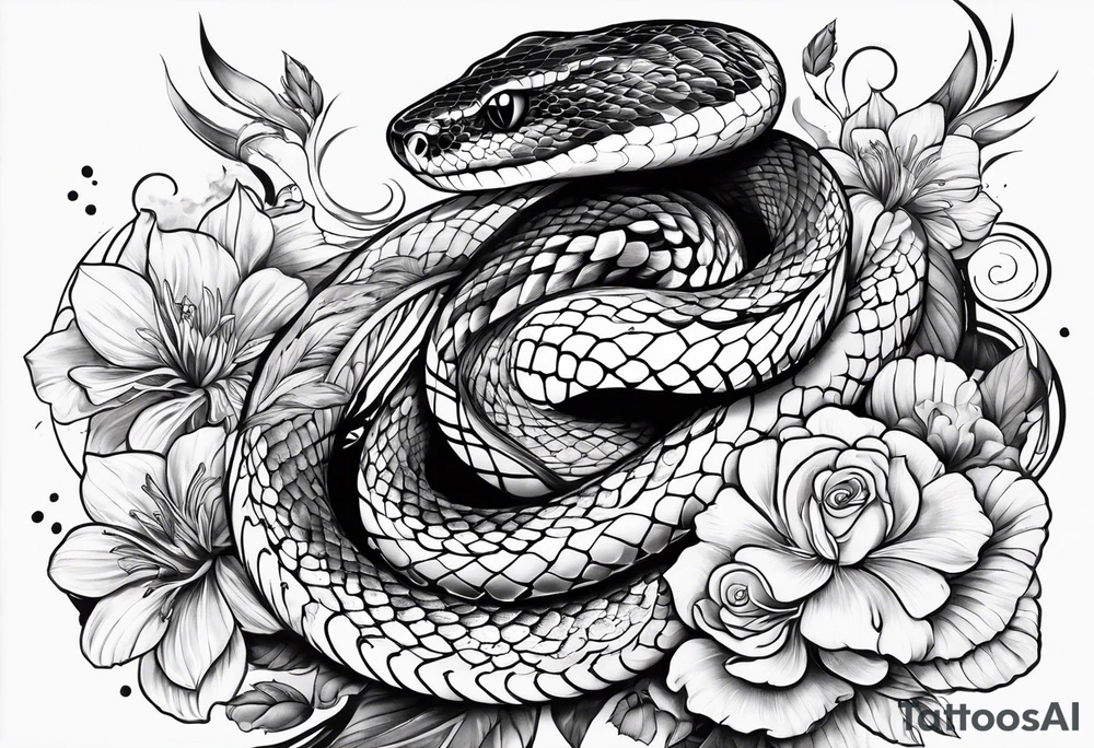 Snake with 2 fish and flowers tattoo idea