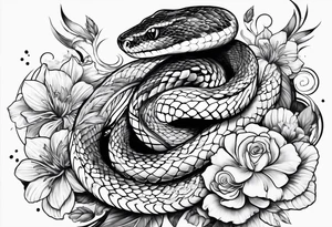 Snake with 2 fish and flowers tattoo idea