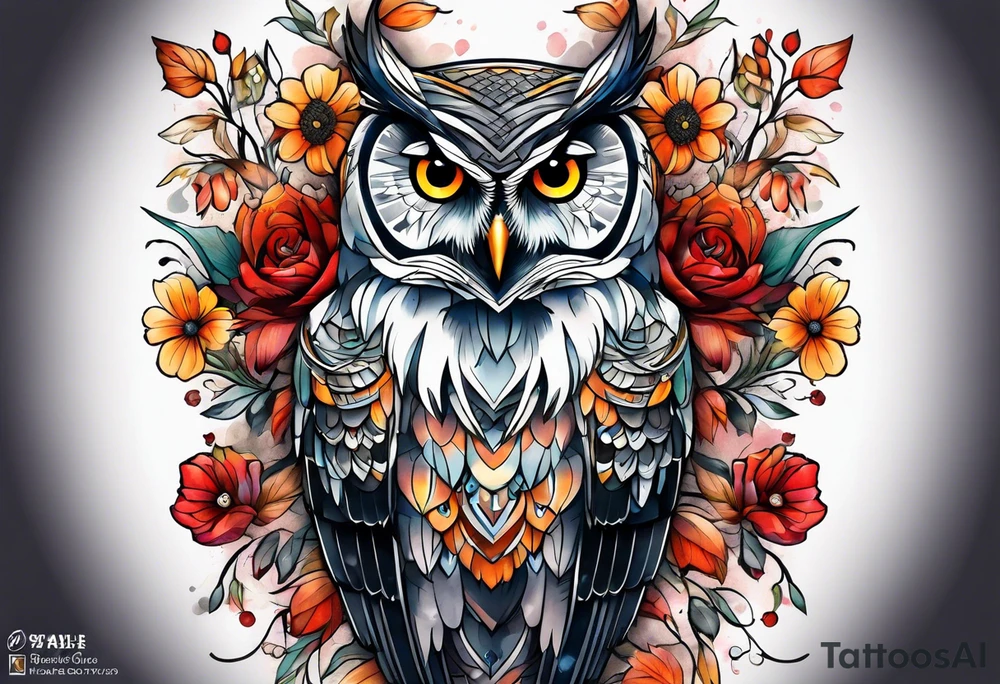 Owl and flowers full arm sleeve tattoo idea