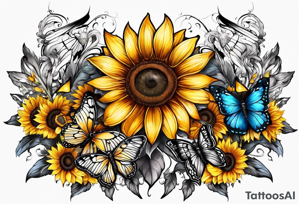 Arm sleeve with Winged cross with sunflower and butterflies tattoo idea