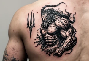 muscular mid aged poseidon with huge trident tattoo idea