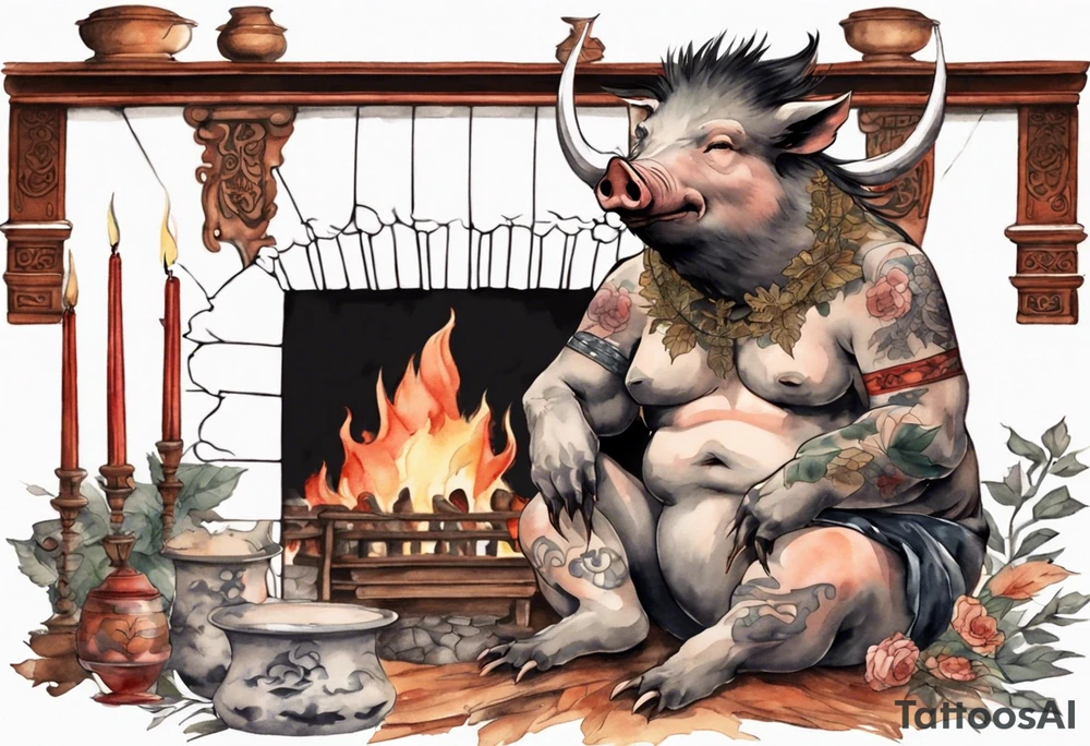 an boar with tusks sitting by a fireplace tattoo idea