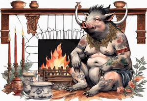 an boar with tusks sitting by a fireplace tattoo idea