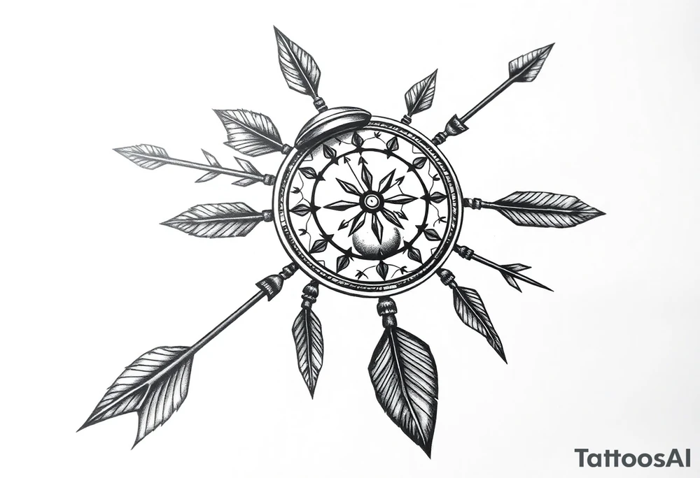 Detailed arrows pointing different ways with hourglass and compass over top dream catcher circling the entire tattoo idea