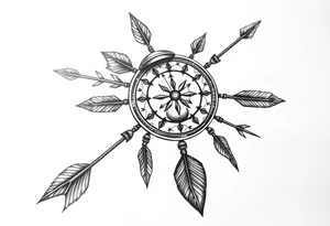 Detailed arrows pointing different ways with hourglass and compass over top dream catcher circling the entire tattoo idea
