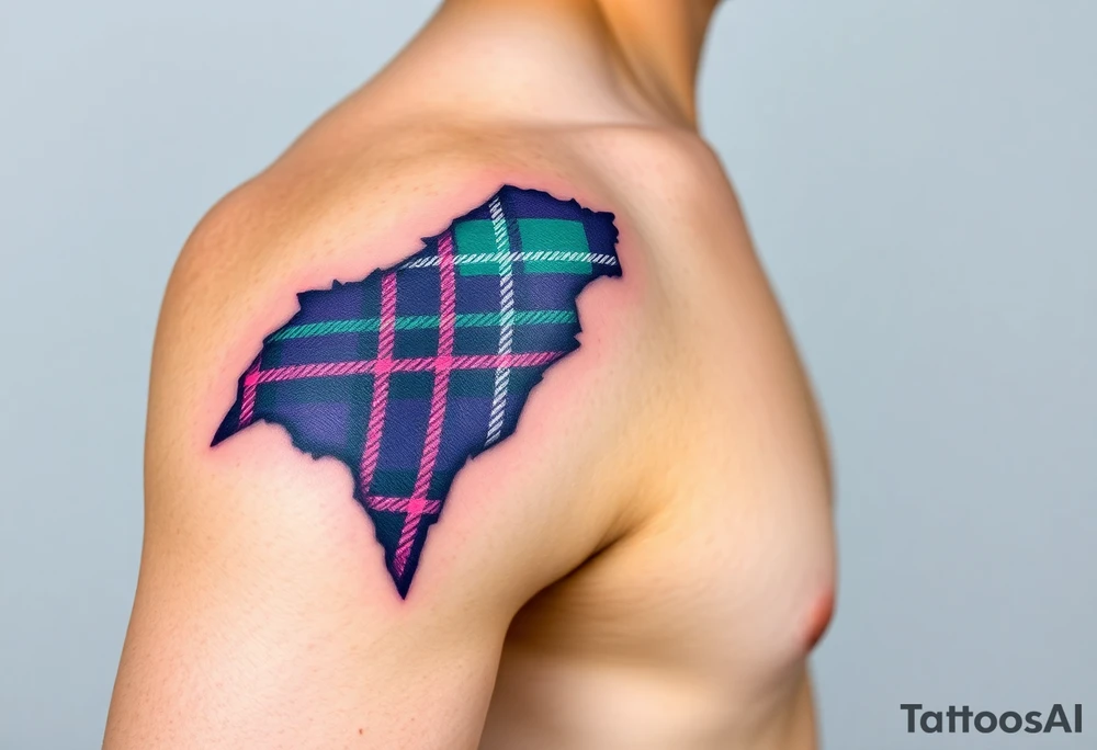 Side of arm Dark Purple with green pink blue and white highlights tartan fabric with skin peeling away at edges tattoo idea