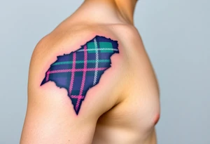 Side of arm Dark Purple with green pink blue and white highlights tartan fabric with skin peeling away at edges tattoo idea