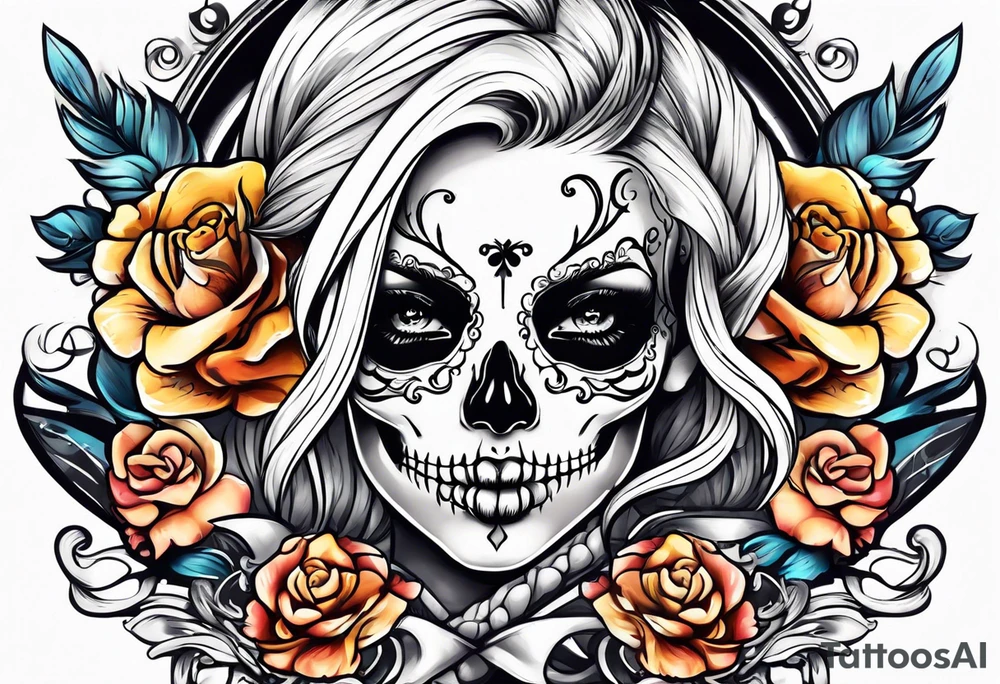 feminine skull and cross bones with hair in two blonde pigtails tattoo idea