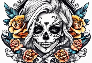 feminine skull and cross bones with hair in two blonde pigtails tattoo idea