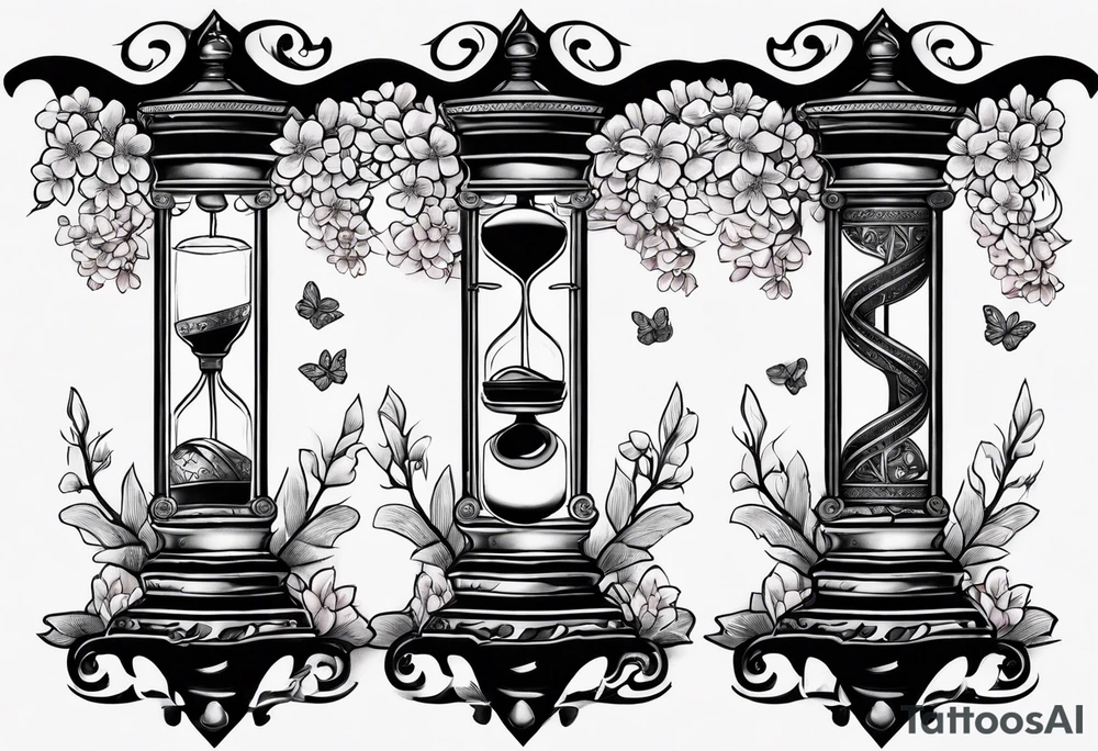 Dagger with hourglass and cherry blossom petals and shadow clock surrounding it tattoo idea