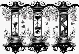 Dagger with hourglass and cherry blossom petals and shadow clock surrounding it tattoo idea