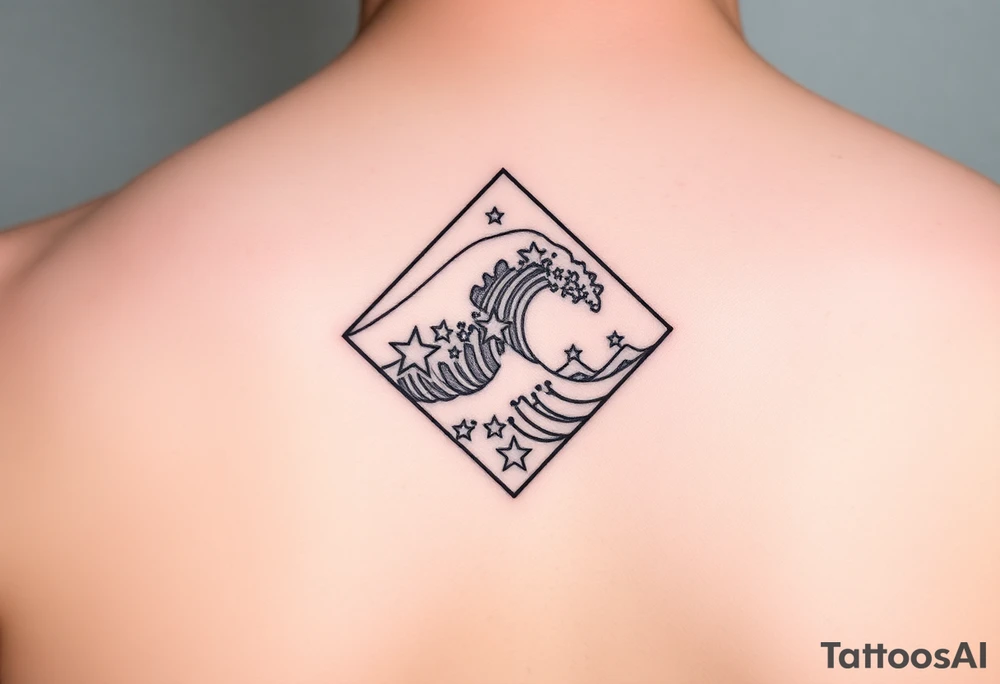 A powerful wave with stars inside of a diamond tattoo idea