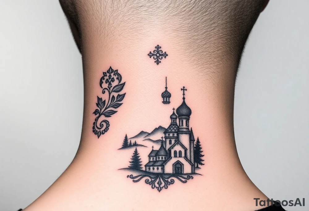 Traditional authentic Russian coat of arms with a Christian orthodox virgin marry in the middle and silhouette in a Russian wilderness Christian orthodoxy dome church village setting on the side of my neck tattoo idea