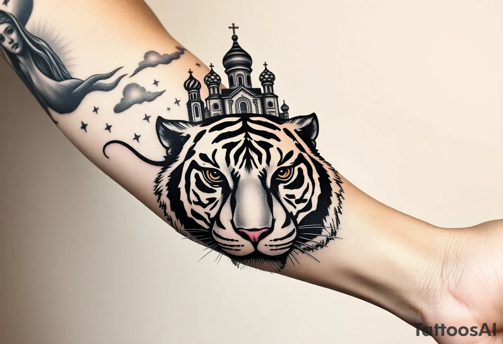 Realistic tiger face on the back of the hand with its eyes ALL black and no pupils, sitting beneath a Russian Orthodox cathedral sitting above on the top fore arm with onion domes and orthodox crosses. with clouds above and a virgin mary tattoo idea