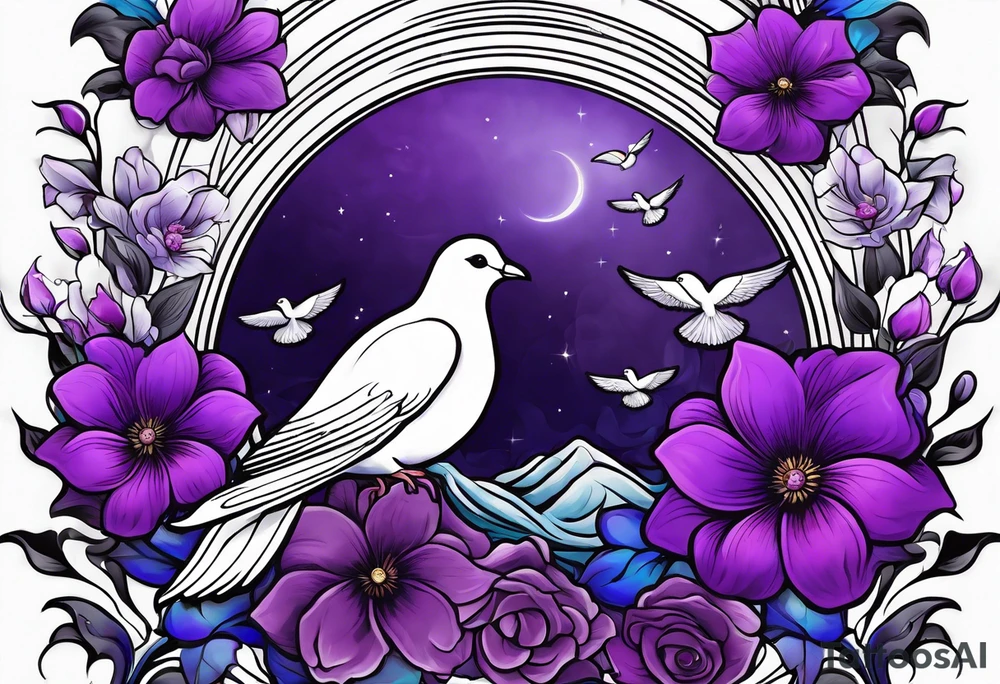 Purple flowers with a small realistic white dove coming from heaven to commemorate somebody that passed away. tattoo idea